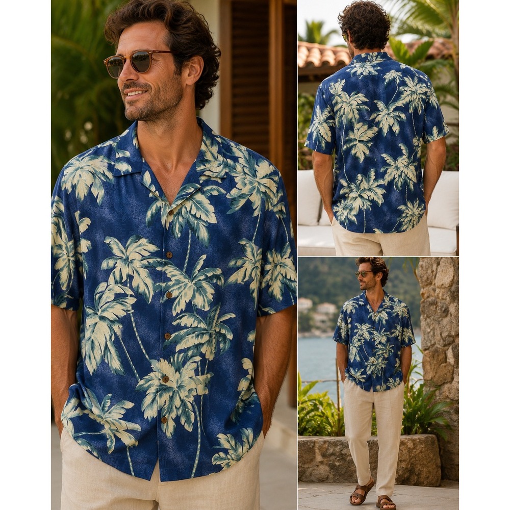 Tommy Bahama Coastal Grandpa Silk Hawaiian Camp Shirt Blue Palm Print M